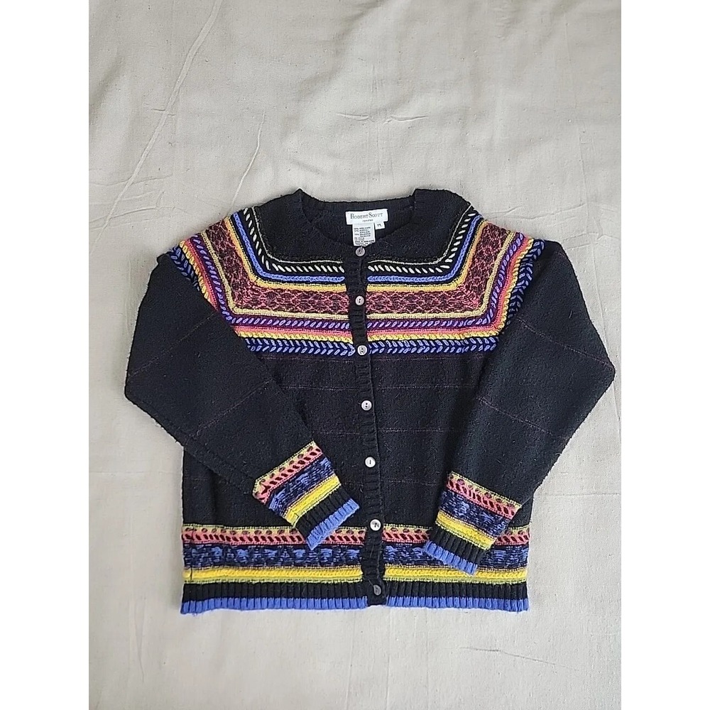 Robert Scott Cardigan Women PL Black Rainbow Embroidered Wool Blend Sweater